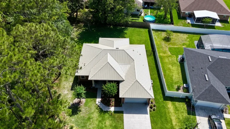 Drone view of completed metal roof installation by AK Certified Roofing
