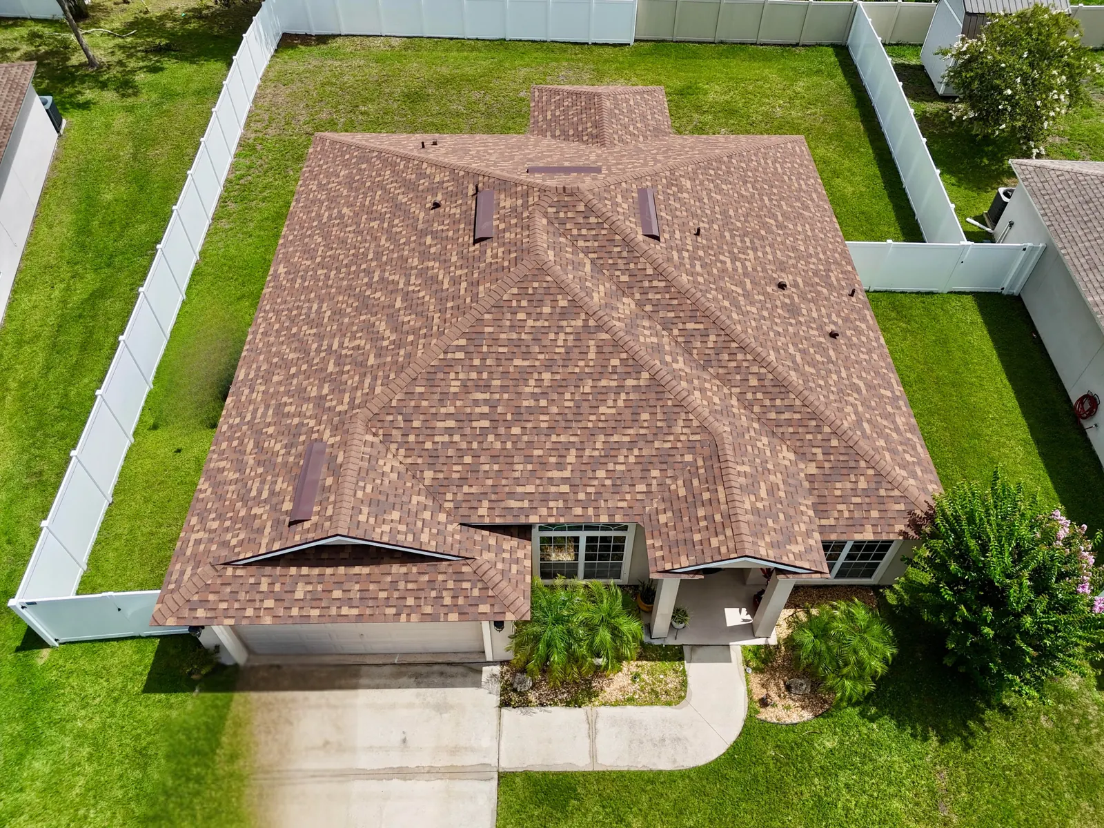 Drone view of completed shingle roof replacement by AK Certified Roofing