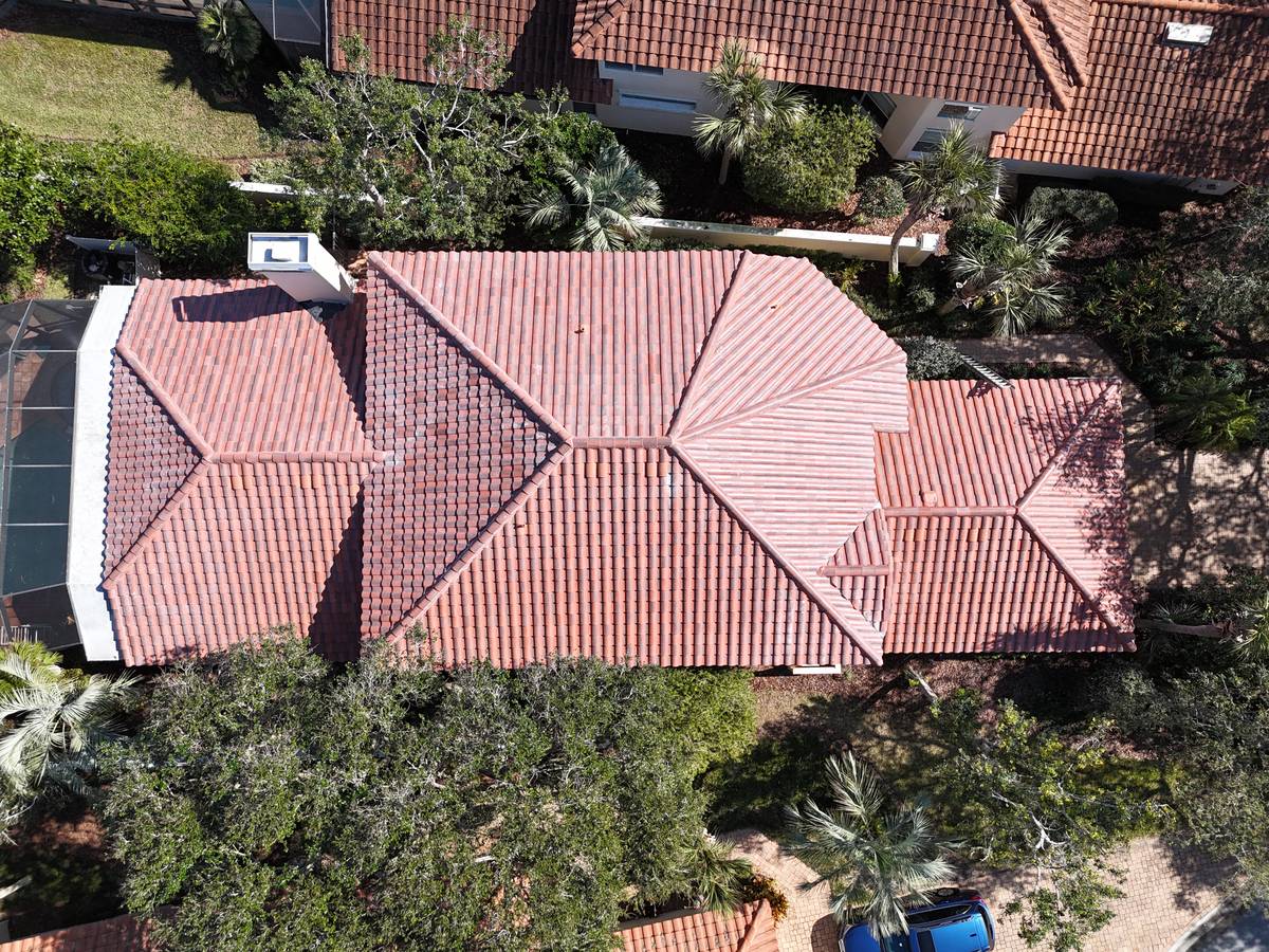 Overhead view of a replaced barrel tile roof in Palm Coast, Florida